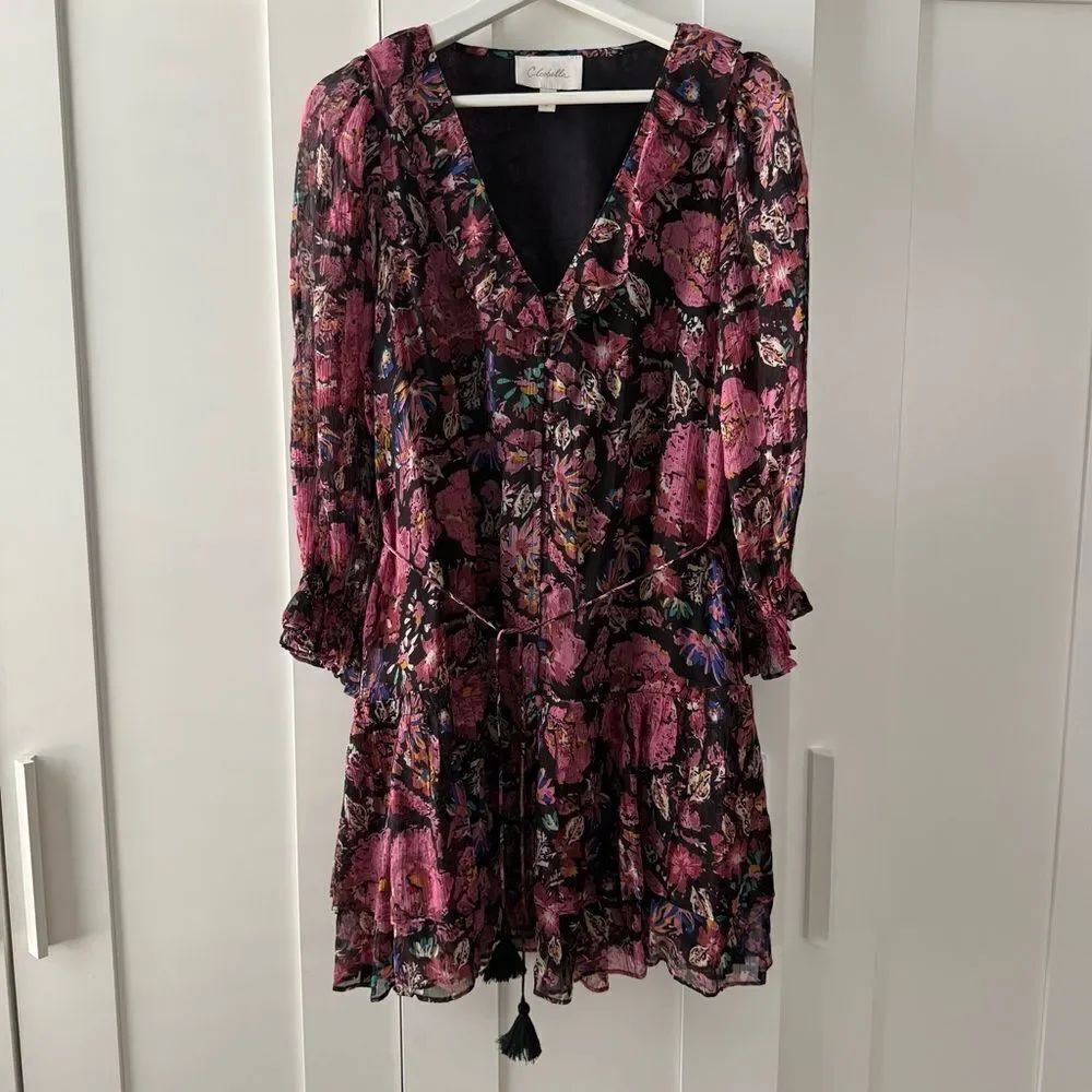 CLEOBELLA | Black and Pink Ruffled Tiered Floral Mini Dress | Size Small